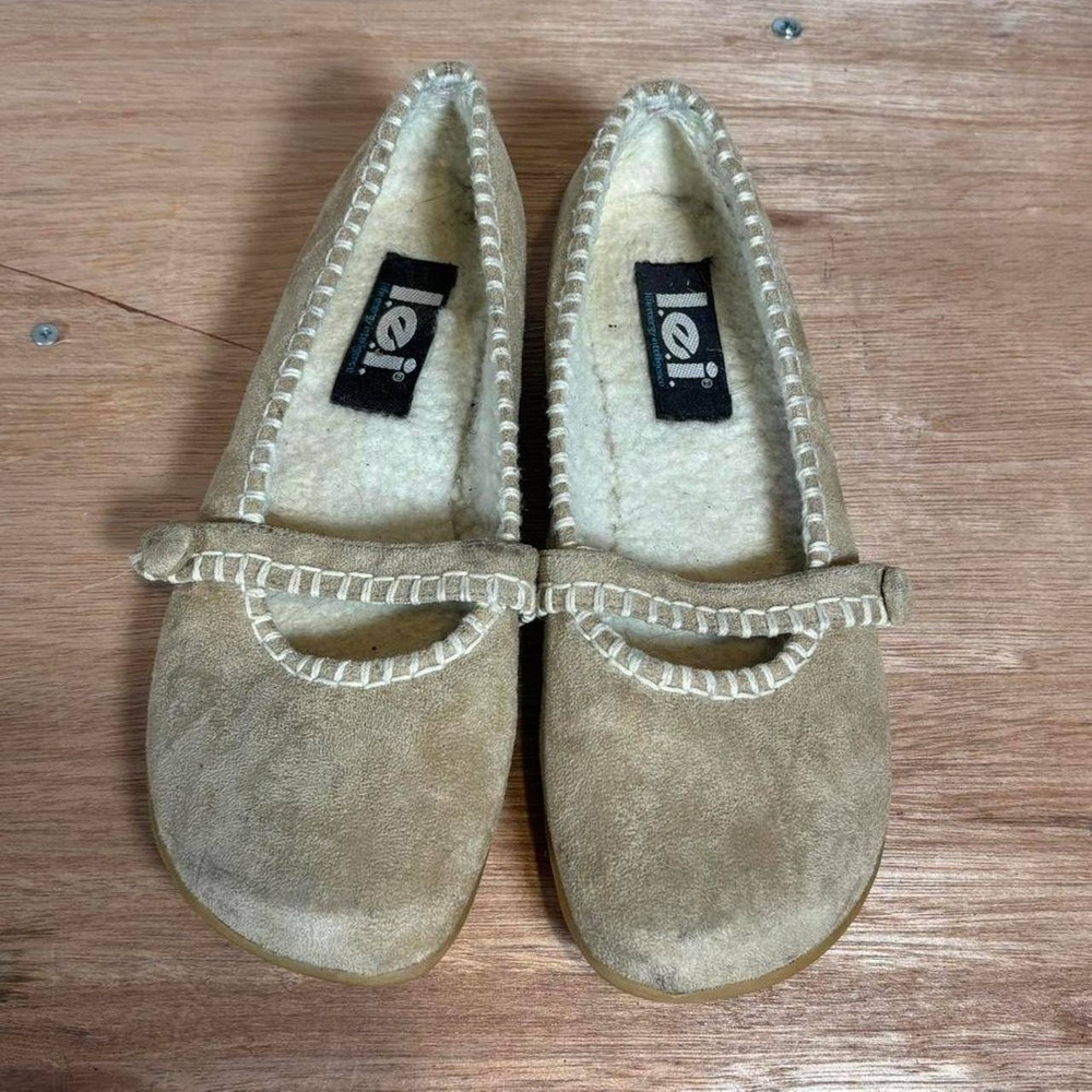 lei Women Tan Faux Suede Mary Jane Flats Faux Fur Lined Whipstitch Geenie 7.5